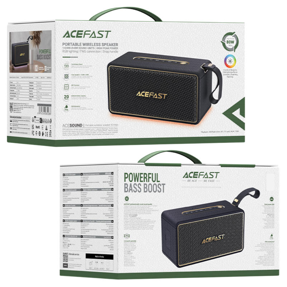 Φορητό Ηχείο Wireless Acefast K3 Max v5.4 TWS 80W 5000mAh με Μικρόφωνο USB AUX TF και RGB Φωτισμό IPX6 Μαύρο