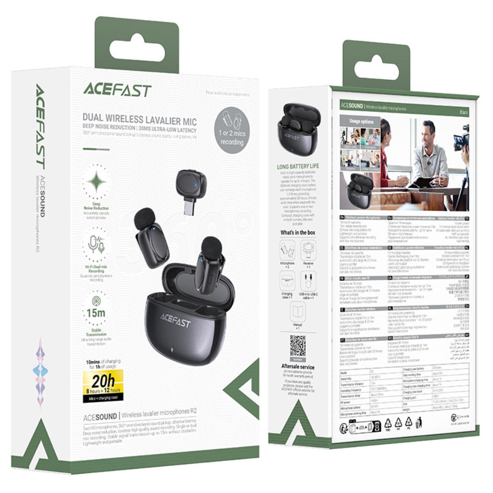 Σετ 2 Μικρόφωνα Πέτου Lavalier Acefast R2 HD Μείωση Θορύβου, Ακτίνα 15m και 20hr Διάρκεια Μπαταρίας με USB-C Transmitter και Θήκη Φόρτισης Μαύρο