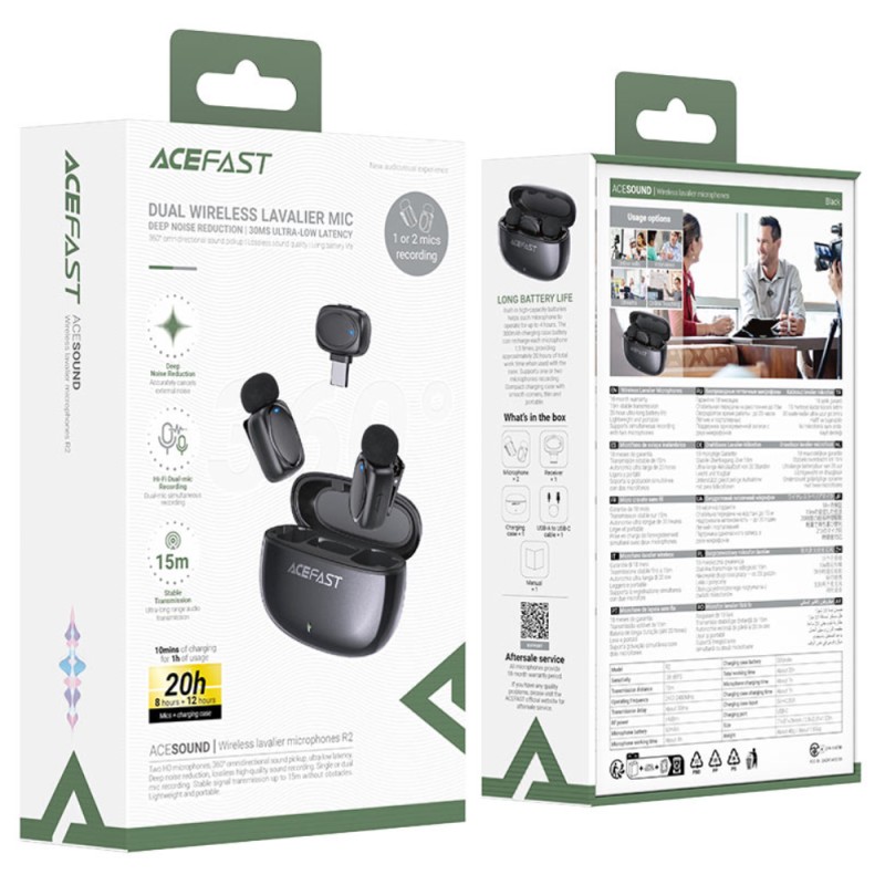 Σετ 2 Μικρόφωνα Πέτου Lavalier Acefast R2 HD Μείωση Θορύβου, Ακτίνα 15m και 20hr Διάρκεια Μπαταρίας με USB-C Transmitter και Θήκη Φόρτισης Μαύρο