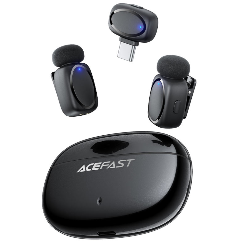 Σετ 2 Μικρόφωνα Πέτου Lavalier Acefast R2 HD Μείωση Θορύβου, Ακτίνα 15m και 20hr Διάρκεια Μπαταρίας με USB-C Transmitter και Θήκη Φόρτισης Μαύρο