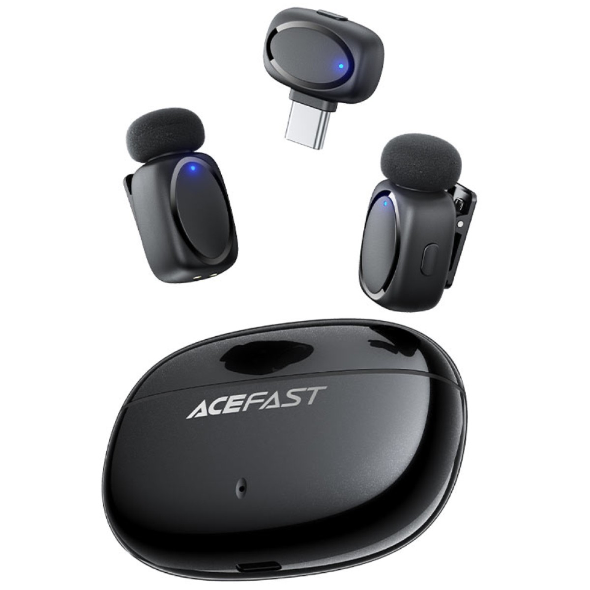 Σετ 2 Μικρόφωνα Πέτου Lavalier Acefast R2 HD Μείωση Θορύβου, Ακτίνα 15m και 20hr Διάρκεια Μπαταρίας με USB-C Transmitter και Θήκη Φόρτισης Μαύρο