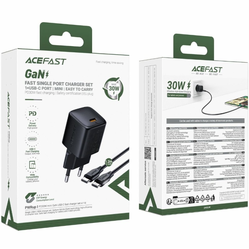 Φορτιστής Ταξιδίου Acefast A118 Mini Fast Charging 1xUSB-C PD30W QC3.0 GaN με USB-C σε USB-C Καλώδιο 1.2m Μαύρος