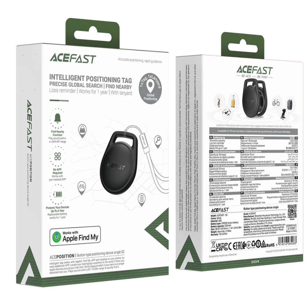 Acefast Tag S2 Anti-Lost Tracker Μόνο για iOS Συμβατό με Apple Find My Network με Λουράκι Μαύρο