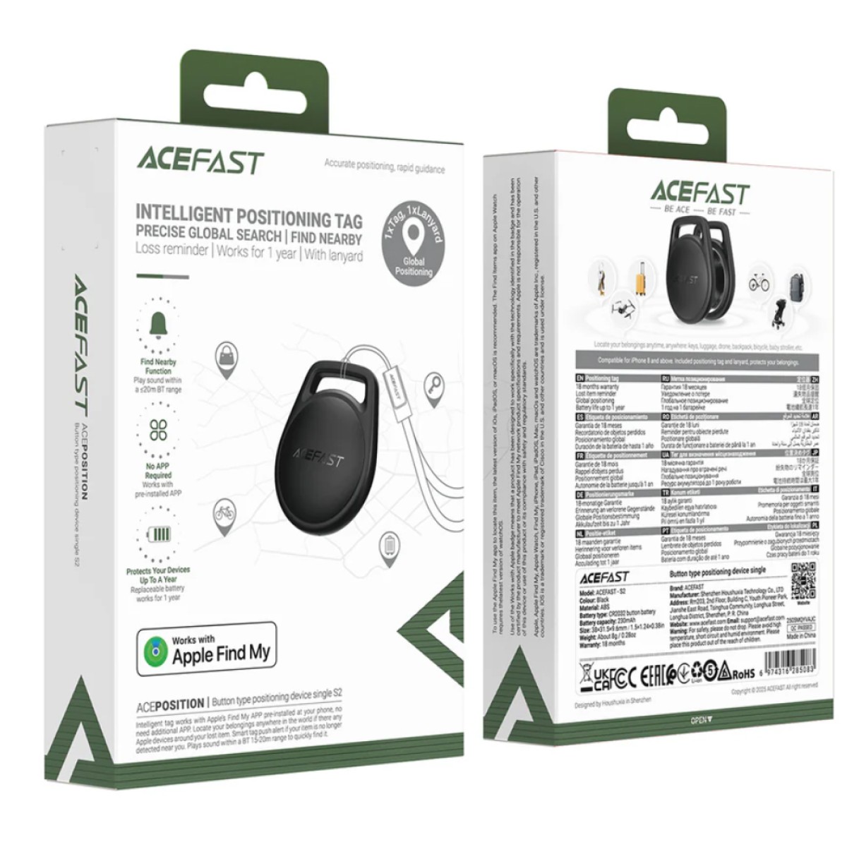 Acefast Tag S2 Anti-Lost Tracker Μόνο για iOS Συμβατό με Apple Find My Network με Λουράκι Μαύρο