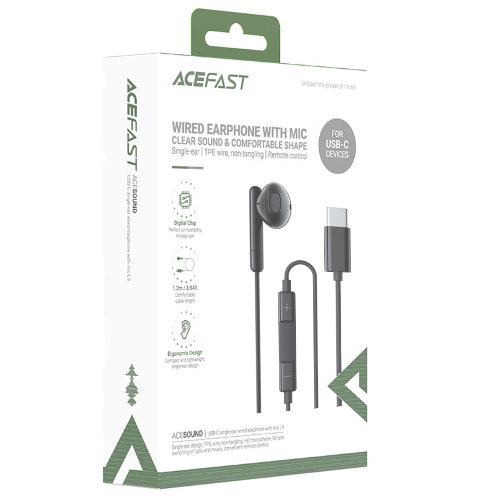 Hands Free Acefast L9 Μονό Ακουστικό USB-C με HD Μικρόφωνο Συμβατά με Όλες τις Συσκευές USB-C Μαύρα 1.2m