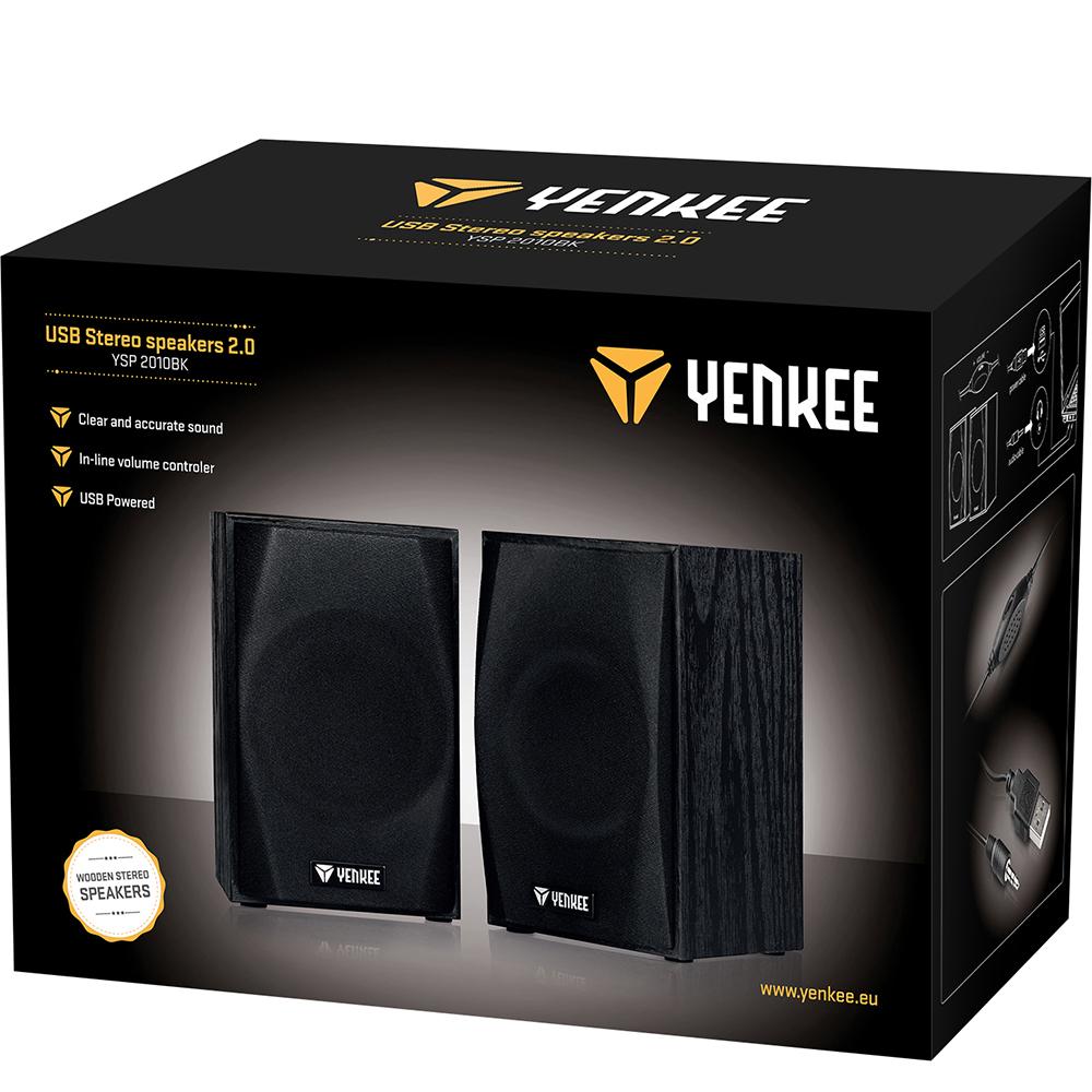 Yenkee YSP 2010BK Stereo Ηχεία 2.0 5W με Ξύλινη Καμπίνα και Παροχή Ρεύματος μέσω USB-A Μαύρα
