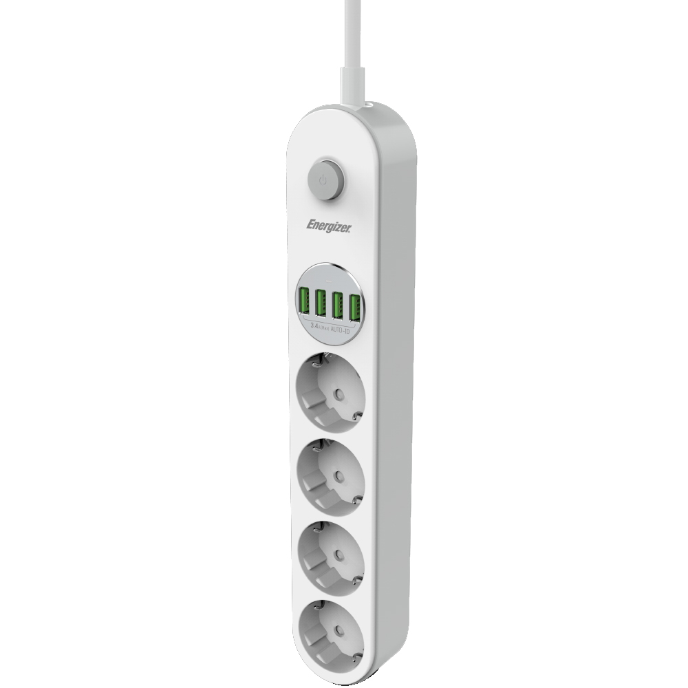 Πολύπριζο Energizer EPB2500W00EU με 4 Θύρες Σούκο 2500W 10A Max, 4xUSB-A Θύρες 17W και Διακόπτη Ασφαλείας On/Off Καλώδιο 2m Λευκό