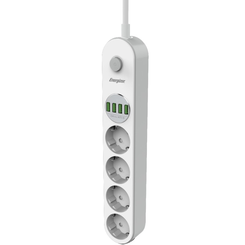 Πολύπριζο Energizer EPB2500W00EU με 4 Θύρες Σούκο 2500W 10A Max, 4xUSB-A Θύρες 17W και Διακόπτη Ασφαλείας On/Off Καλώδιο 2m Λευκό