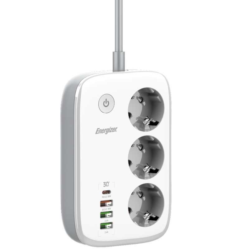 Επιτραπέζιος Φορτιστής Energizer EPB2500W02EU 2500W 10A Max με 3xΣούκο + 1xUSB-C PD30W + 3xUSB-A 18W QC3.0 / 2.4A, Διακόπτη Ασφαλείας On/Off και Έλεγχο μέσω WiFi, Καλώδιο 2m Λευκός