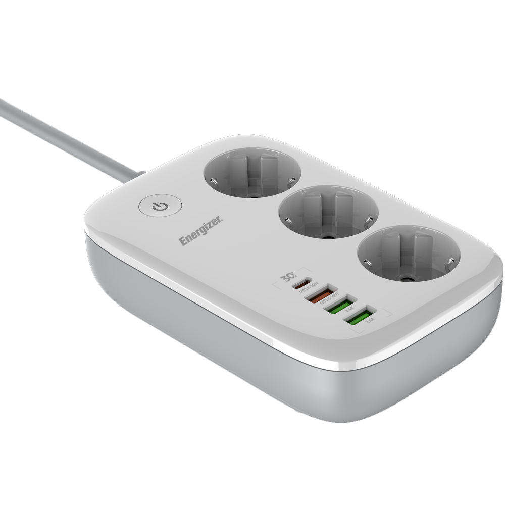 Επιτραπέζιος Φορτιστής Energizer EPB2500W02EU 2500W 10A Max με 3xΣούκο + 1xUSB-C PD30W + 3xUSB-A 18W QC3.0 / 2.4A, Διακόπτη Ασφαλείας On/Off και Έλεγχο μέσω WiFi, Καλώδιο 2m Λευκός