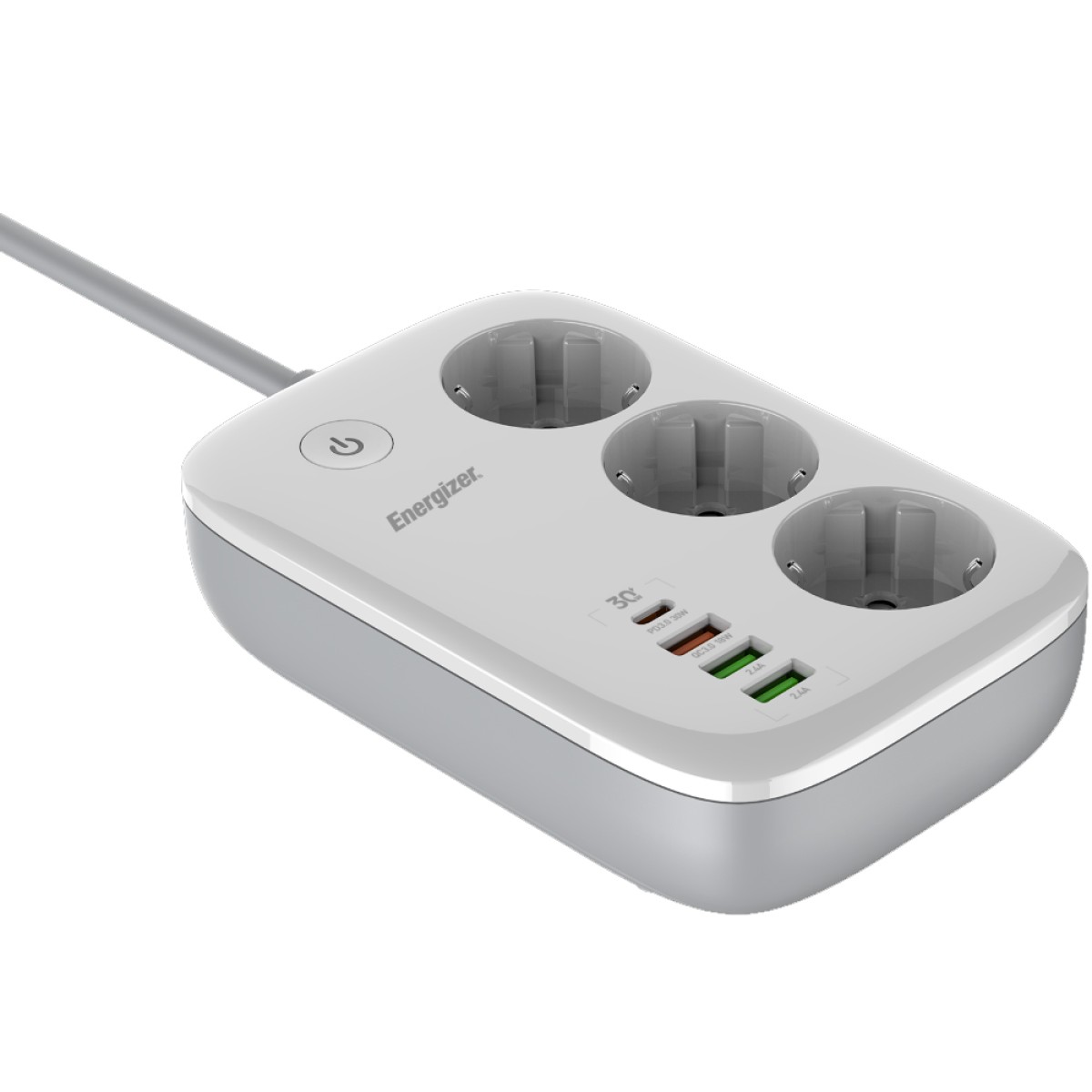 Επιτραπέζιος Φορτιστής Energizer EPB2500W02EU 2500W 10A Max με 3xΣούκο + 1xUSB-C PD30W + 3xUSB-A 18W QC3.0 / 2.4A, Διακόπτη Ασφαλείας On/Off και Έλεγχο μέσω WiFi, Καλώδιο 2m Λευκός