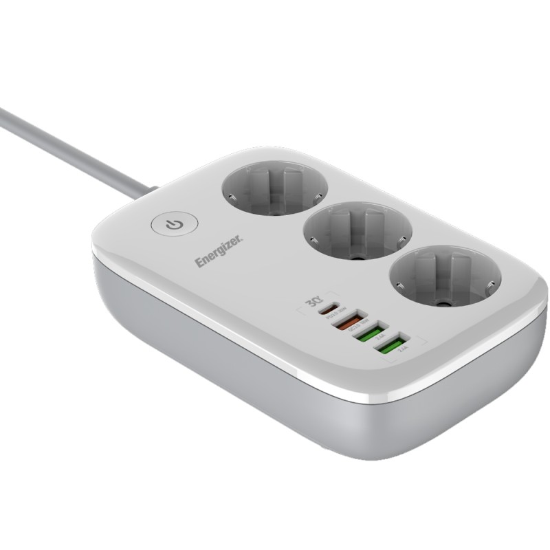Επιτραπέζιος Φορτιστής Energizer EPB2500W02EU 2500W 10A Max με 3xΣούκο + 1xUSB-C PD30W + 3xUSB-A 18W QC3.0 / 2.4A, Διακόπτη Ασφαλείας On/Off και Έλεγχο μέσω WiFi, Καλώδιο 2m Λευκός