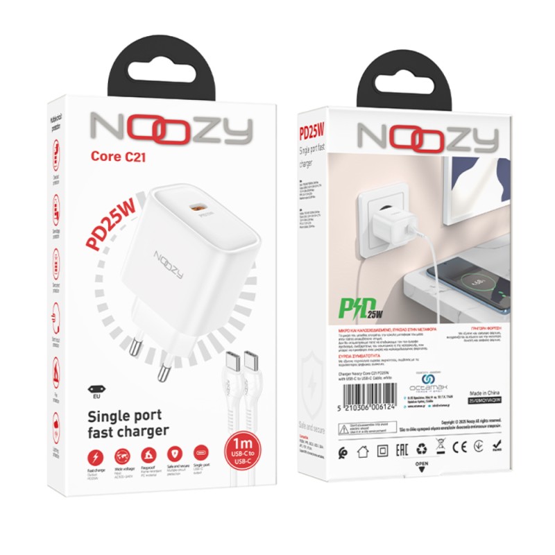 Φορτιστής Ταξιδίου Noozy Core C21 PD25W με Καλώδιο USB-C σε USB-C 1m Λευκό