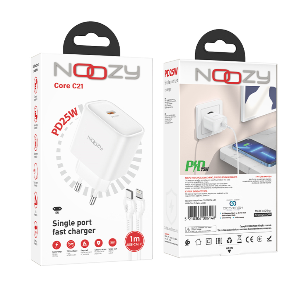 Φορτιστής Ταξιδίου Noozy C21 Core PD25W με Καλώδιο USB-C σε Lightning 1m Λευκός