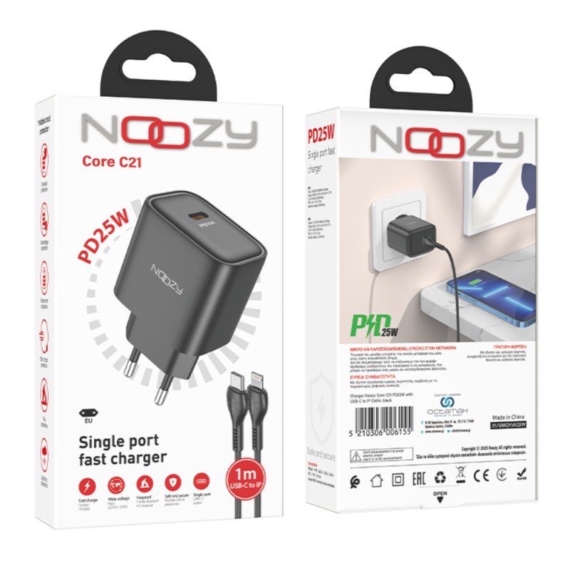 Φορτιστής Ταξιδίου Noozy Core C21 PD25W με Καλώδιο USB-C σε Lightning 1m Μαύρος