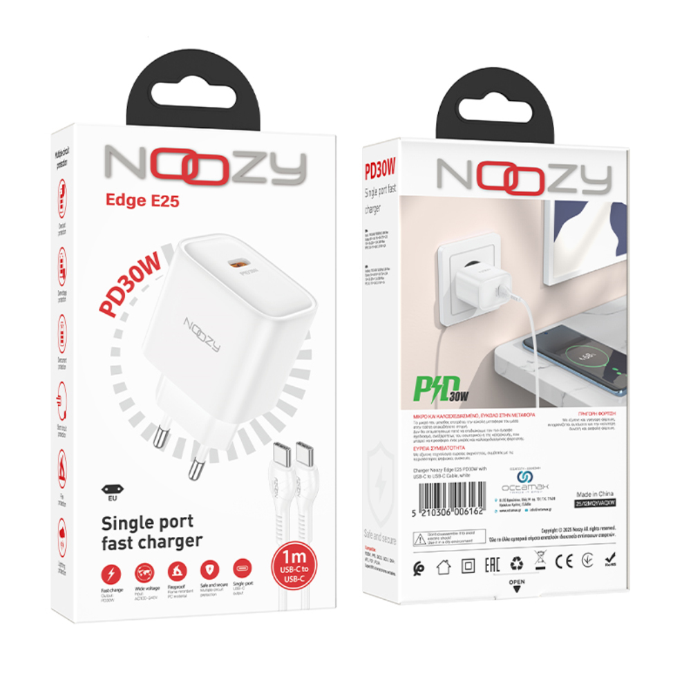 Φορτιστής Ταξιδίου Noozy Edge E25 PD30W με Καλώδιο USB-C σε USB-C 1m Λευκό