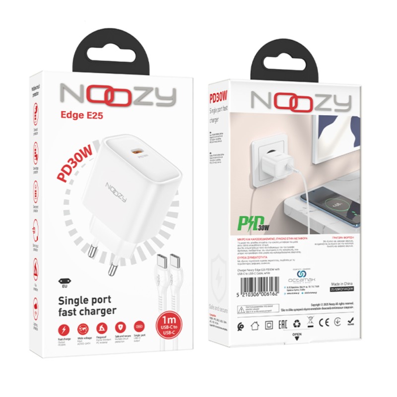 Φορτιστής Ταξιδίου Noozy Edge E25 PD30W με Καλώδιο USB-C σε USB-C 1m Λευκό