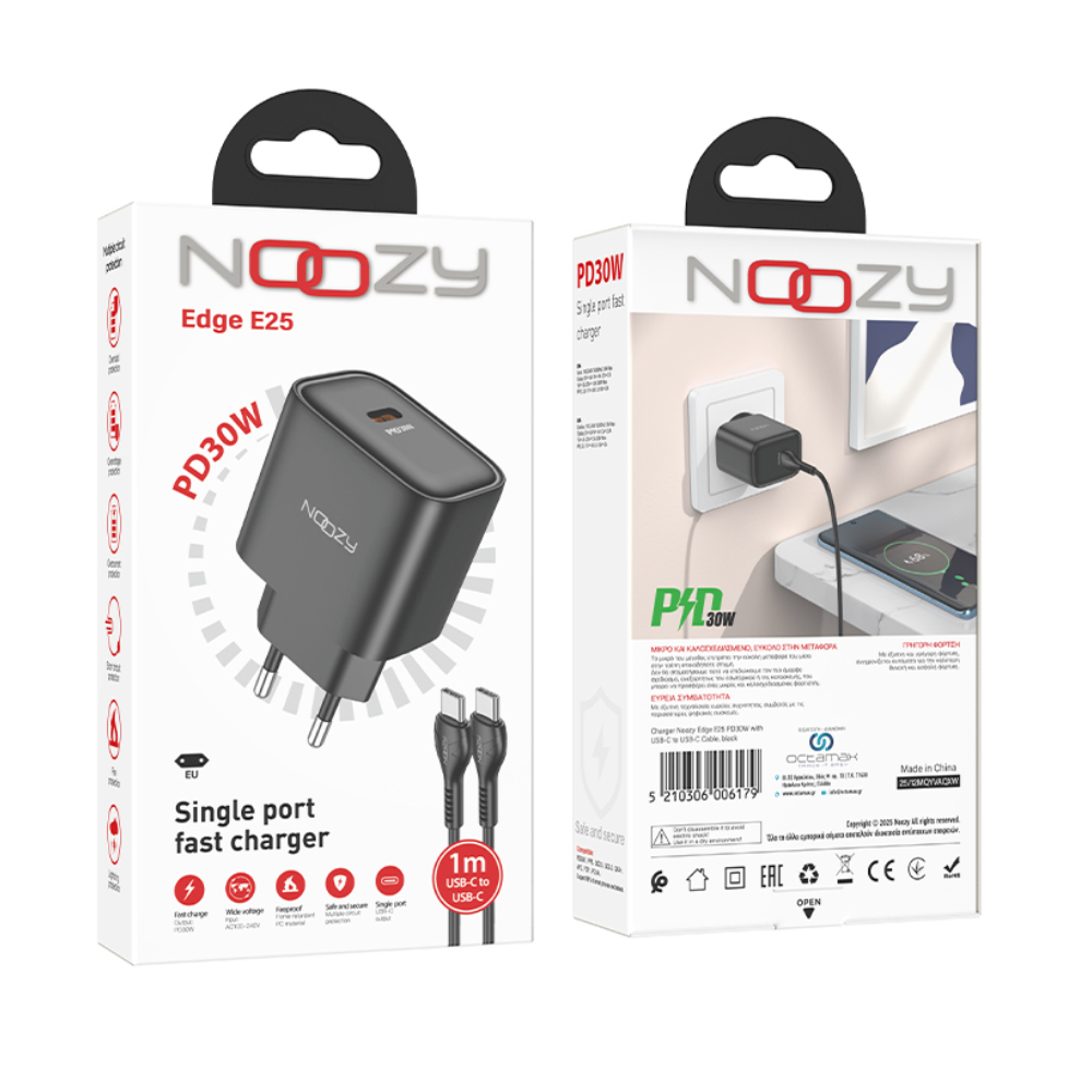 Φορτιστής Ταξιδίου Noozy Edge E25 PD30W με Καλώδιο USB-C σε USB-C 1m Μαύρο