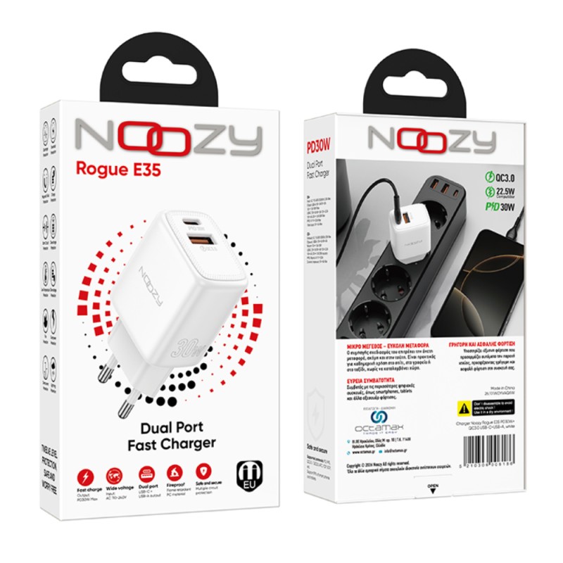 Φορτιστής Ταξιδίου Noozy Rogue E35 PD30W+QC3.0 USB-C Max PD 30W USB-A Max 18W Λευκό