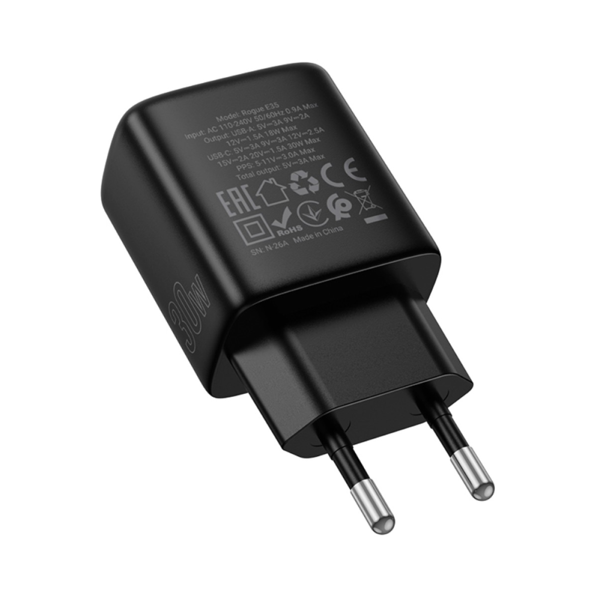 Φορτιστής Ταξιδίου Noozy Rogue E35 PD30W+QC3.0 USB-C Max PD 30W USB-A Max 18W Μαύρος
