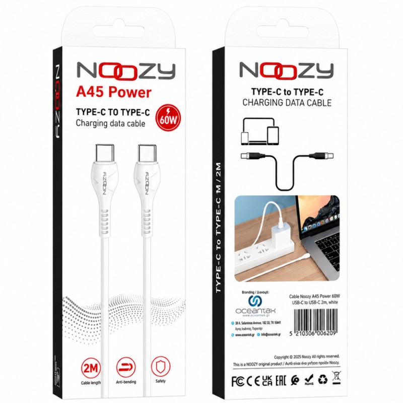 Καλώδιο Σύνδεσης και Φόρτισης A45 Power USB-C σε USB-C Fast Charging 60W+Apple PD27 Λευκό 1m