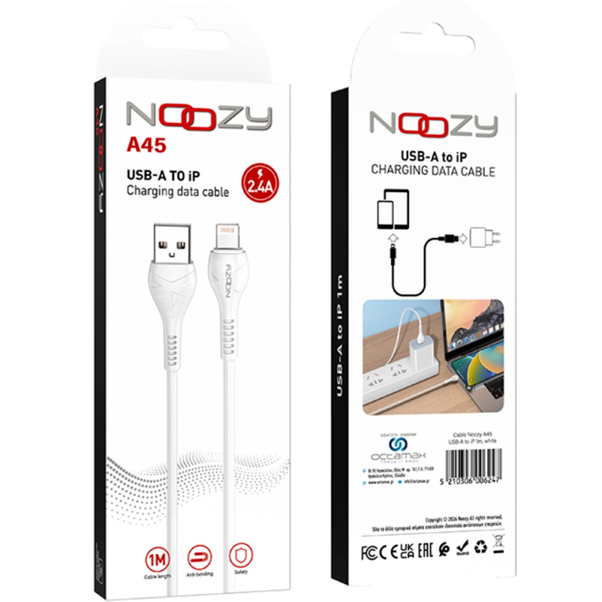 Καλώδιο Σύνδεσης και Φόρτισης Noozy A45 USB σε Lightning Λευκό 1m