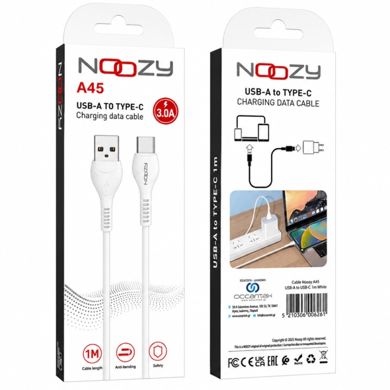 Καλώδιο Σύνδεσης Noozy A45 USB-A σε USB-C 3A Λευκό 1m