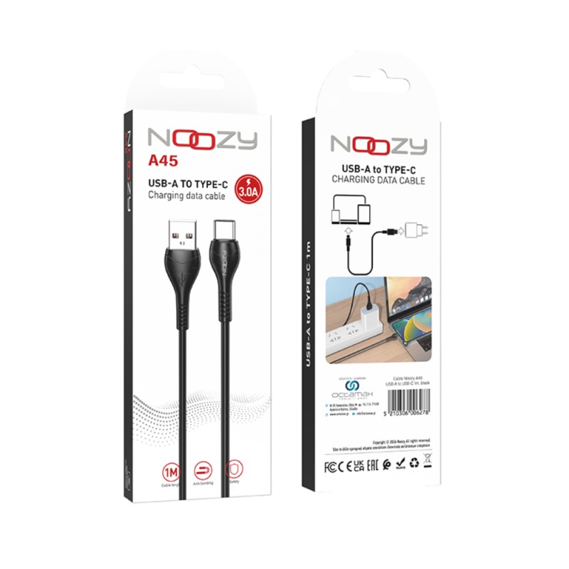 Καλώδιο Σύνδεσης και Φόρτισης A45 USB σε USB-C 3A Μαύρο 1m