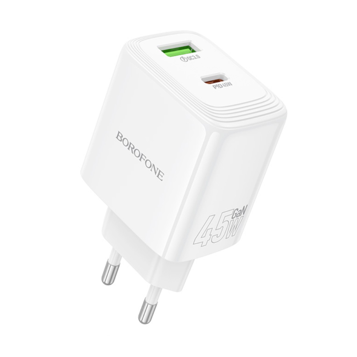 Φορτιστής Ταξιδίου Borofone BN30 Cargador GaN με 1xUSB-C PD45W και 1xUSB-A QC PD18W Λευκός