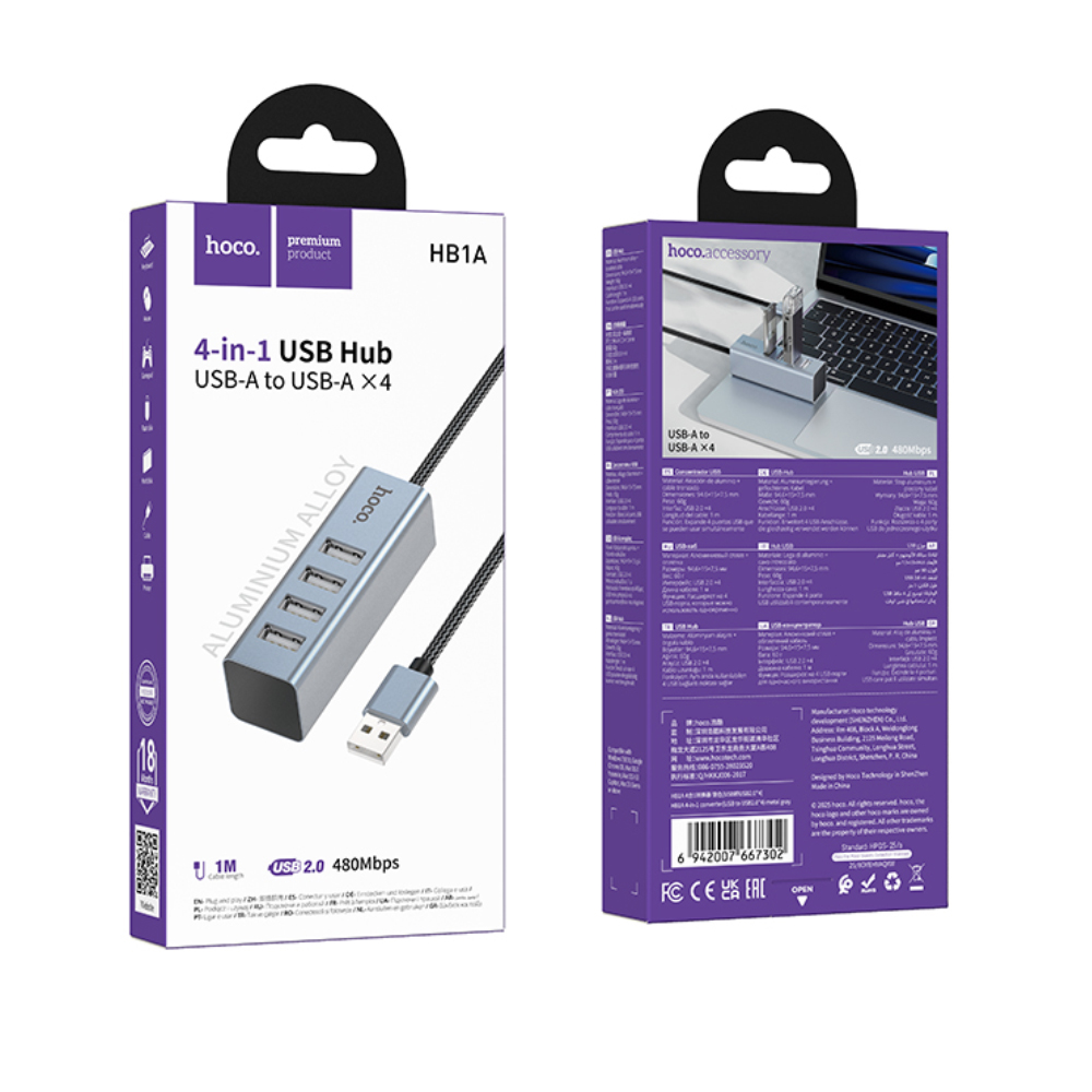 Hub USB Hoco HB1A 4-in-1 USB2.0 σε 4xUSB2.0 480Mbps 5V/3A Metal Gray 1.2m