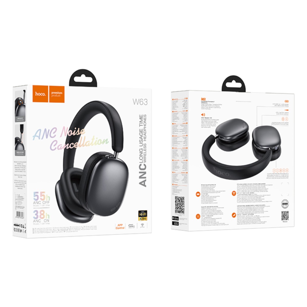 Wireless Ακουστικά Stereo Hoco W63 Triunfo ANC v5.4 500mAh με AUX Μαύρα