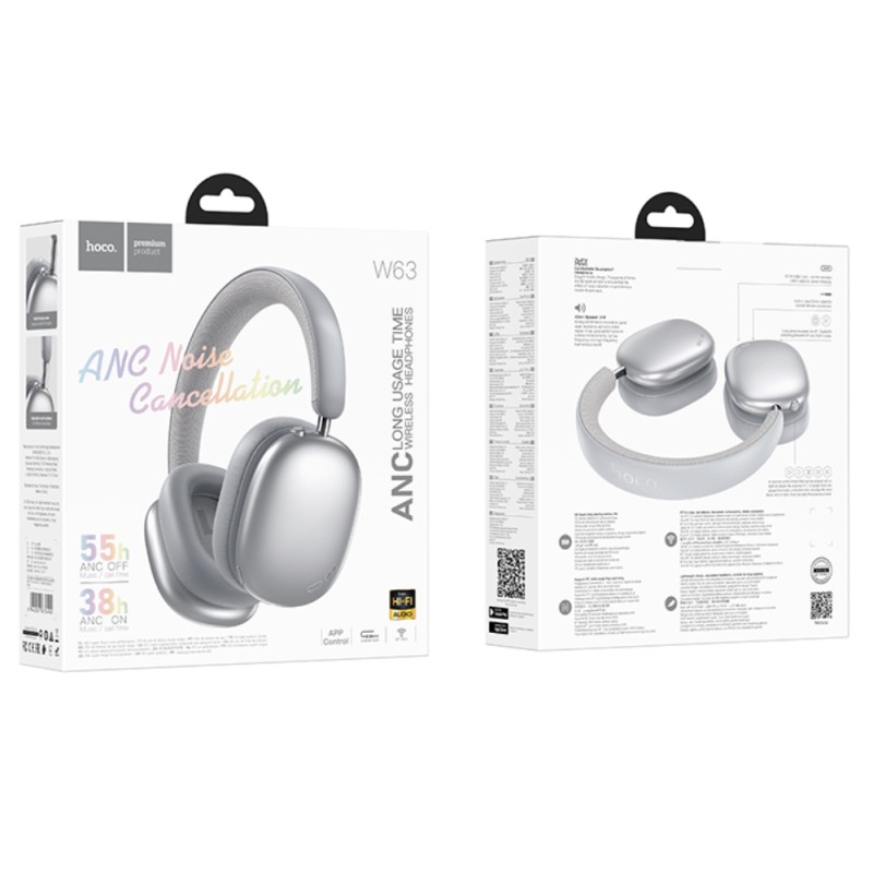 Wireless Ακουστικά Stereo Hoco W63 Triunfo ANC v5.4 500mAh με AUX Ασημί