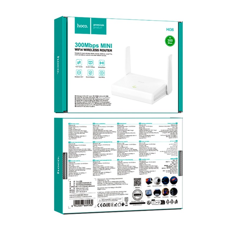 Wifi Router Mini Hoco HI36 Wifi4 300Mbps 2.4GHz 2x5dBi Λευκό