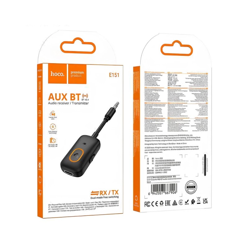 Bluetooth Audio Transmitter and Receiver Hoco E151 Graceful v5.4 150mAh με Κονέκτορα AUX 3.5mm και Μικρόφωνο Υποστηρίζει Κάρτα SD Μαύρο