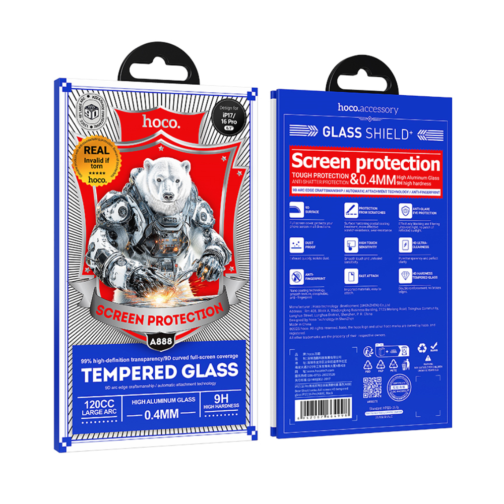 Tempered Glass Hoco Bear Shield A888 HD 4H 0.4mm Large Arc για Apple iPhone 17 iPhone 16 Pro