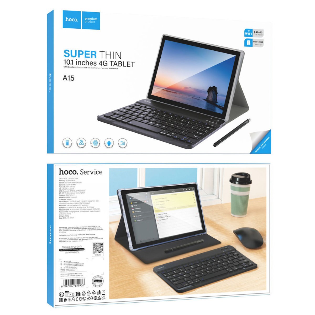 Tablet Hoco A15 10.1" 4G 6GB/128GB Super Thin MicroSD Android 14 4000mAh με Πληκτρολόγιο Θήκη και Στυλό Ασημί