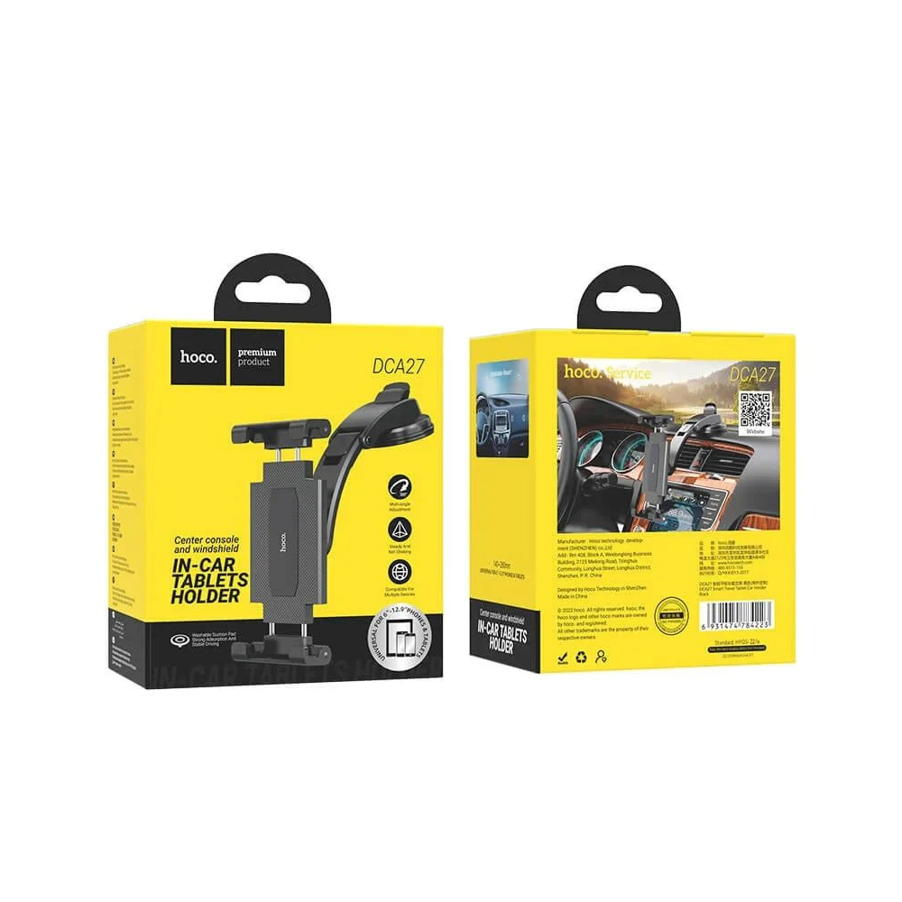 Βάση Στήριξης Αυτοκινήτου Hoco DCA27 360° για Κινητά και Τάμπλετ εως 12.9" και Ρυθμιζόμενη Κλίση Βραχίωνα Μαύρη