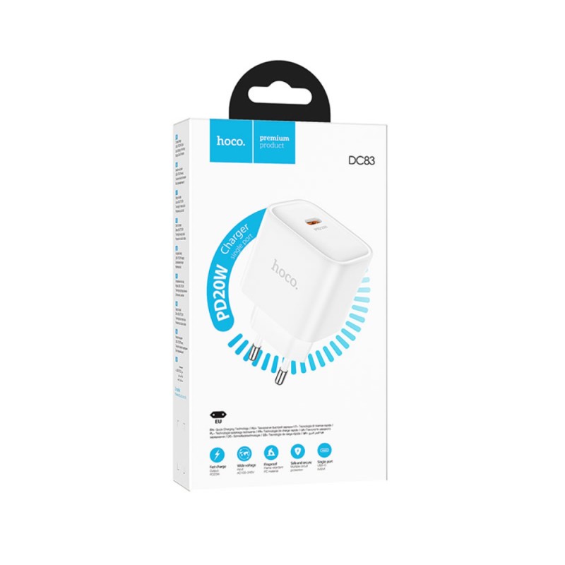 Φορτιστής Ταξιδίου Hoco DC83 1xUSB-C PD20W QC Λευκός
