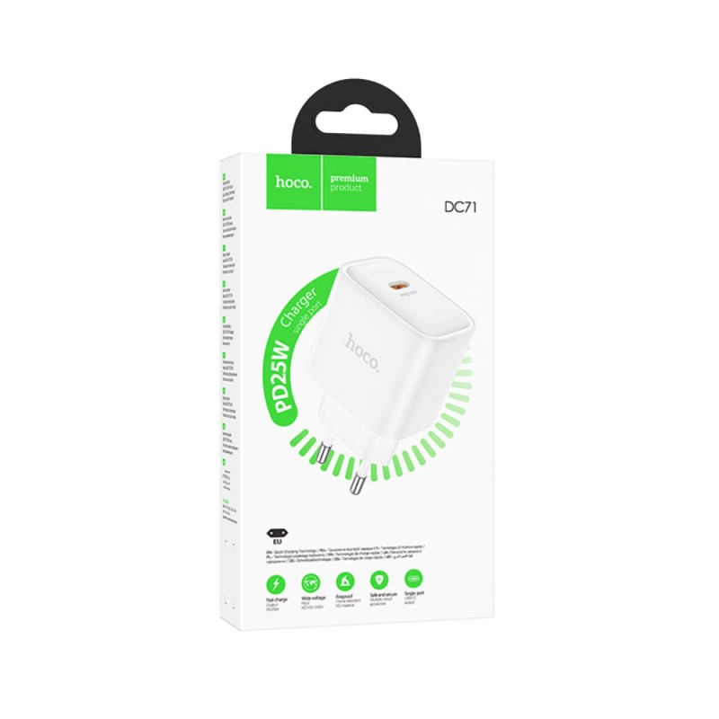 Φορτιστής Ταξιδίου Hoco DC71 1xUSB-C PD25W QC Λευκός