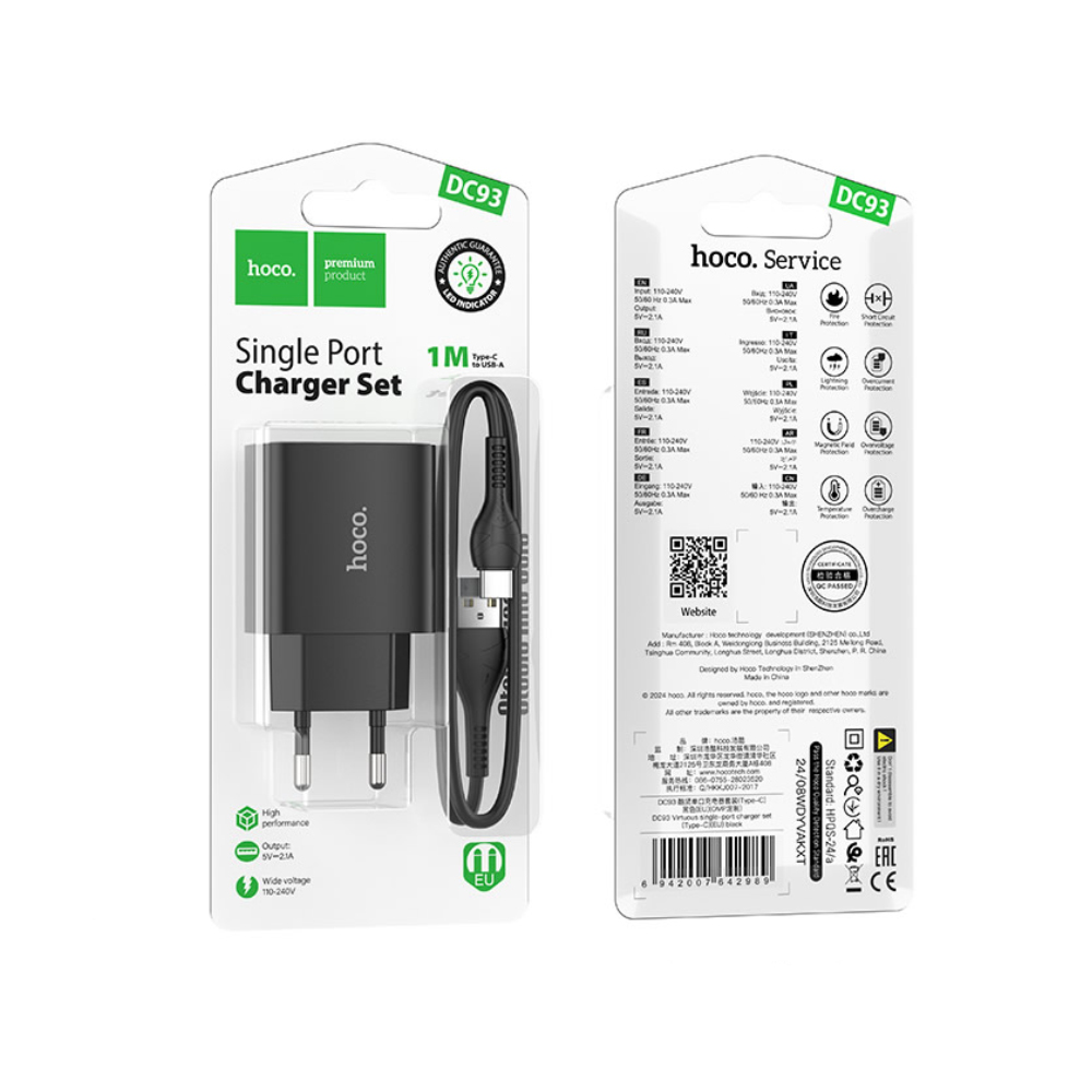 Φορτιστής Ταξιδίου Hoco DC93 1xUSB-A 5V 2.1A με Καλώδιο USB-A σε USB-C Μαύρο
