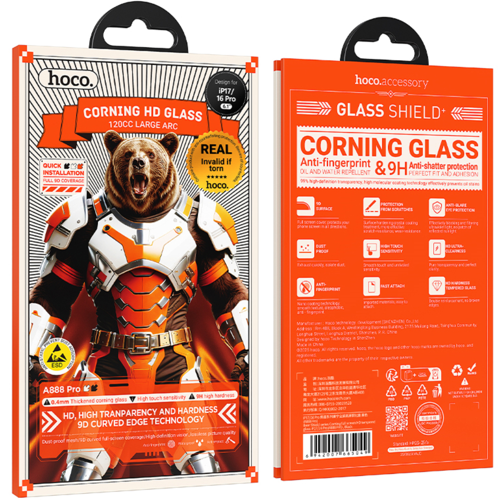Tempered Glass Hoco Bear Shield A888 Pro Corning Glass Anti Fingerprint για Apple iPhone 17 16 Pro