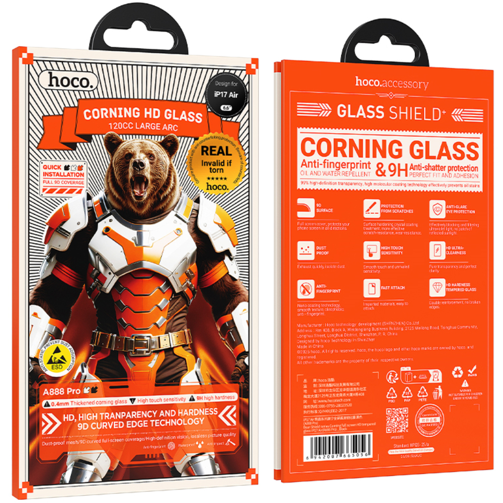Tempered Glass Hoco Bear Shield A888 Pro Corning Glass Anti Fingerprint για Apple iPhone Air