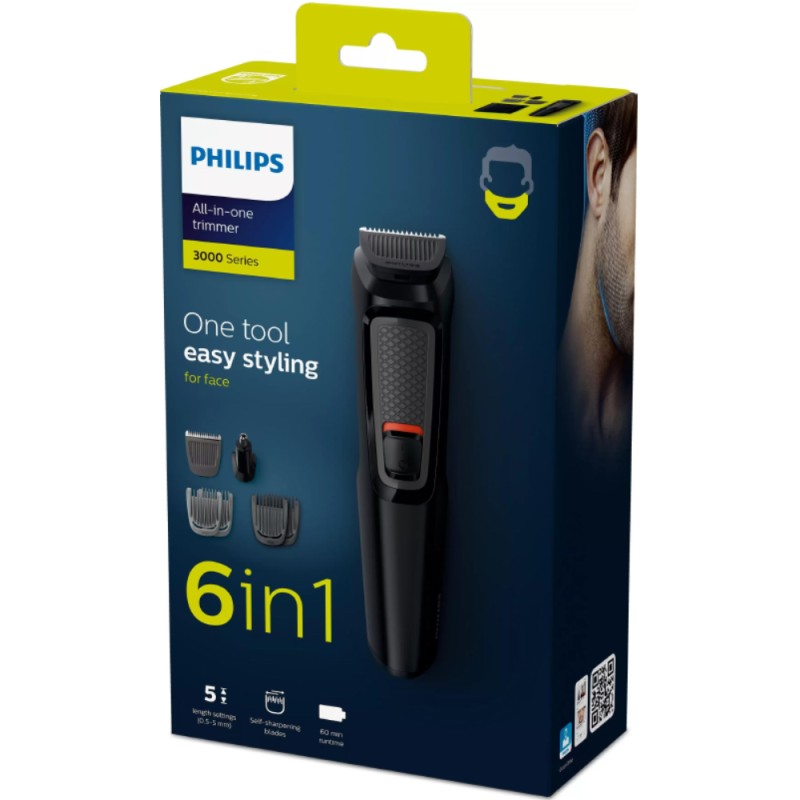 Επαναφορτιζόμενο Trimmer Philips MG3710/15 Multigroom Series 3000 6 σε 1 με Εξάρτημα για τη Μύτη και 4 Κεφαλές Διαφορετικού Μήκους Μαύρο