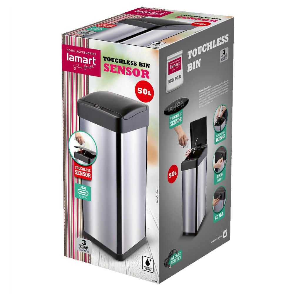 Κάδος Απορριμμάτων από Ανοξείδωτο Ατσάλι με Φωτοκύτταρο 50lt SENSOR Lamart LT8107 Ασημί/Μαύρο