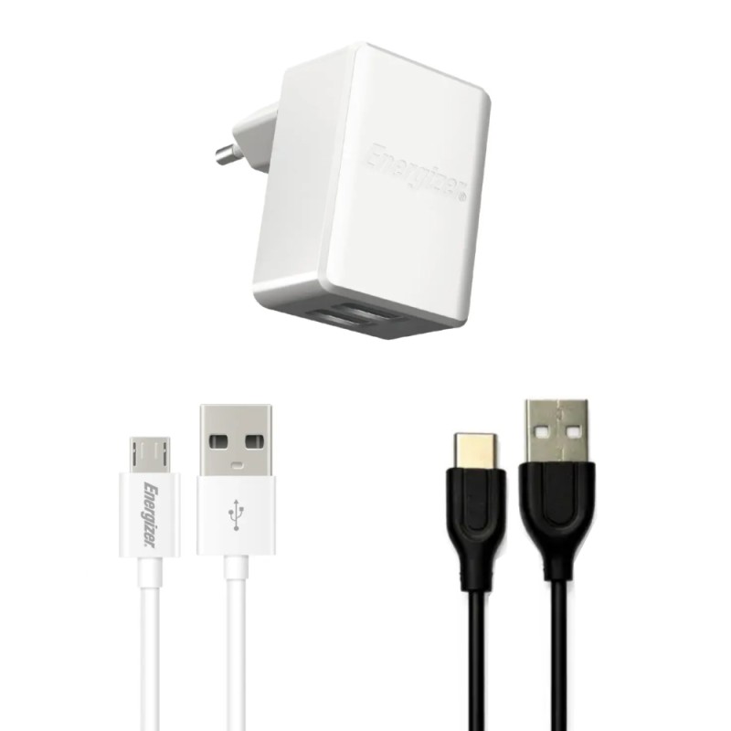Σετ Φορτιστής Ταξιδίου Energizer ACW2CEUUMC3 3.4A με Καλώδιο USB σε Micro USB + Καλώδιο Hoco USB σε USB-C 3A