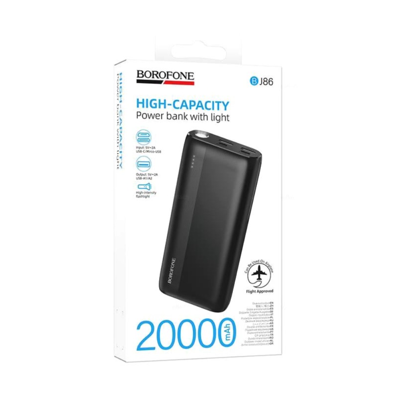 Power Bank Borofone BJ86 20000mAh 5V/2A με 4 Θύρες 1xUSB-C, 2xUSB-A, 1xMicroUSB LED Ένδειξη Μπαταρίας και Φακό Μαύρο