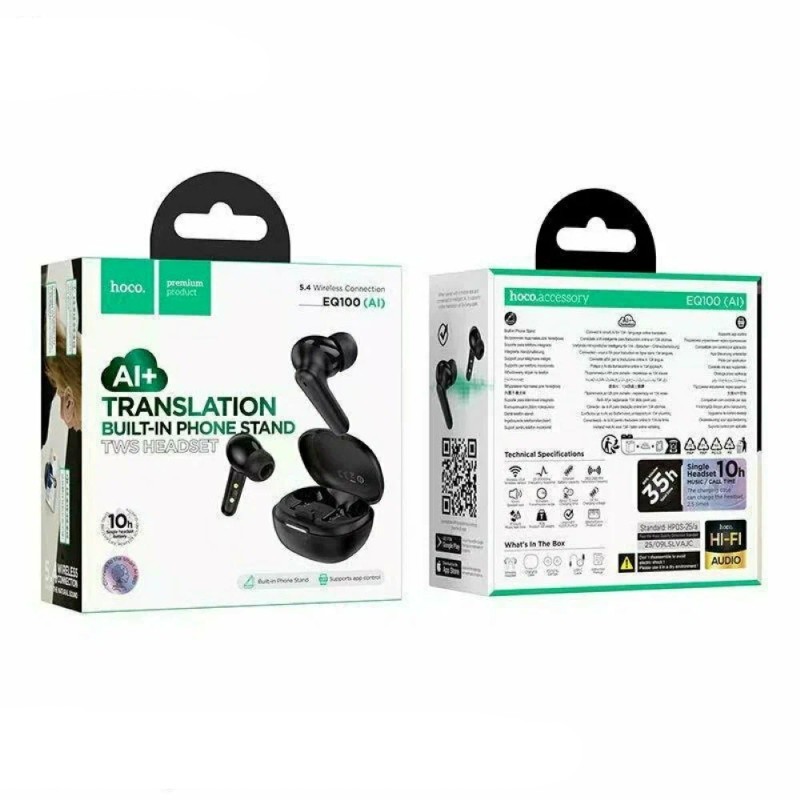 Wireless Hands Free Hoco EQ100 Intelligent TWS ANC Dual Microphone v6.0 500mAh 10  Ώρες Λειτουργίας και AI Μετάφραση σε 134 Γλώσσες και Ενσωματωμένη Βάση Κινητού Μαύρα