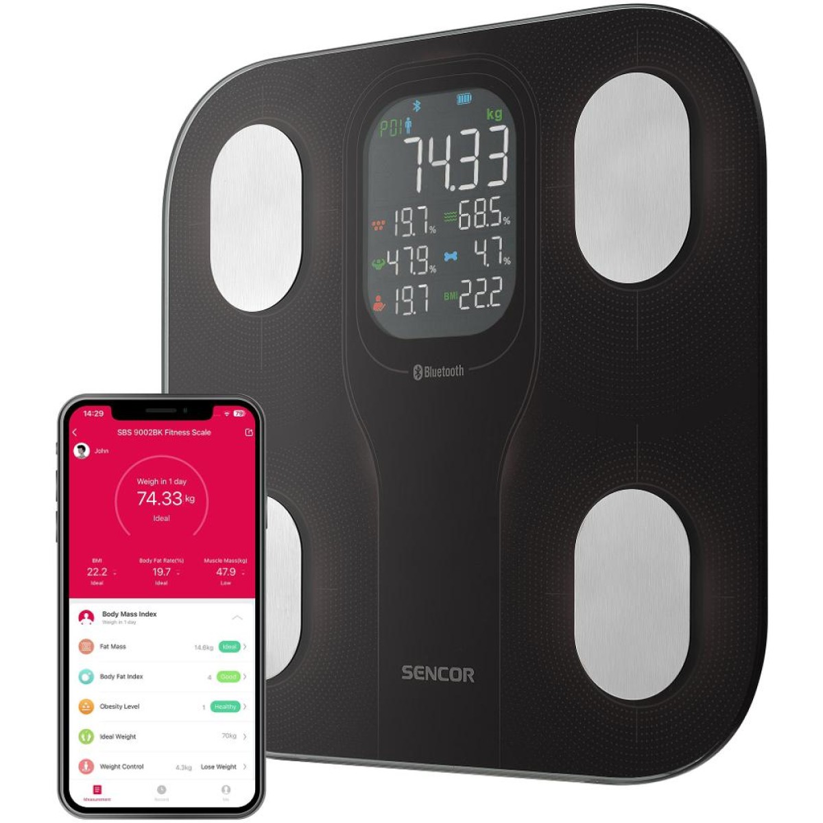 Ζυγαριά Μπάνιου Smart Fitness με Bluetooth για iOS και Android Sencor SBS 9002BK