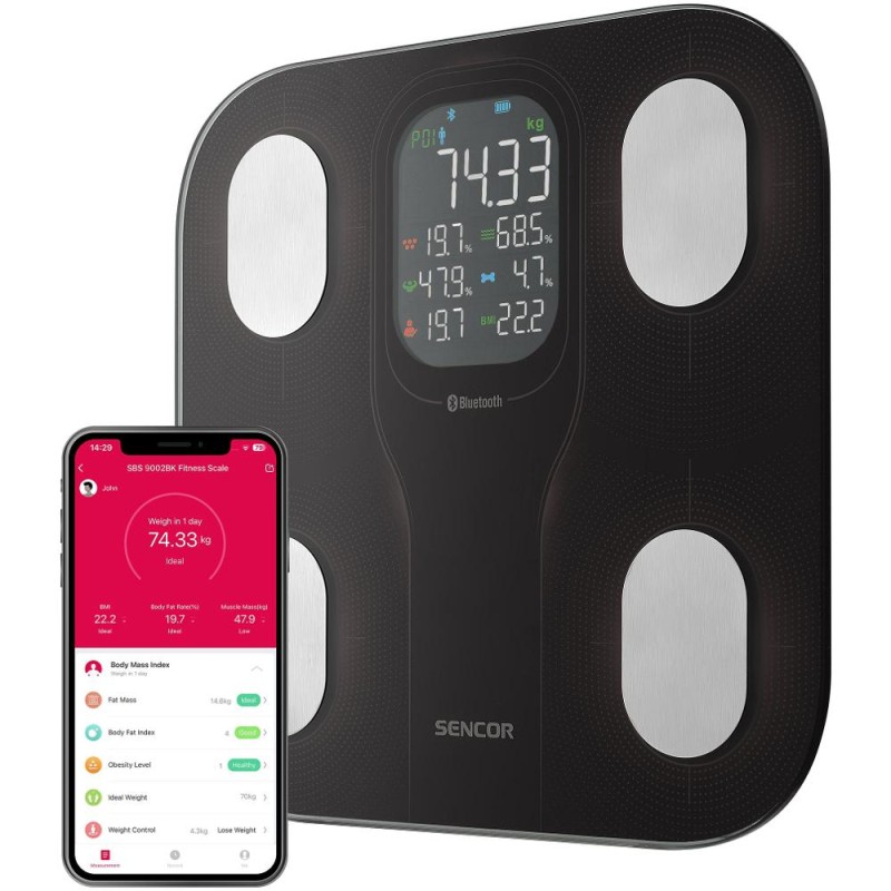Ζυγαριά Μπάνιου Smart Fitness με Bluetooth για iOS και Android Sencor SBS 9002BK