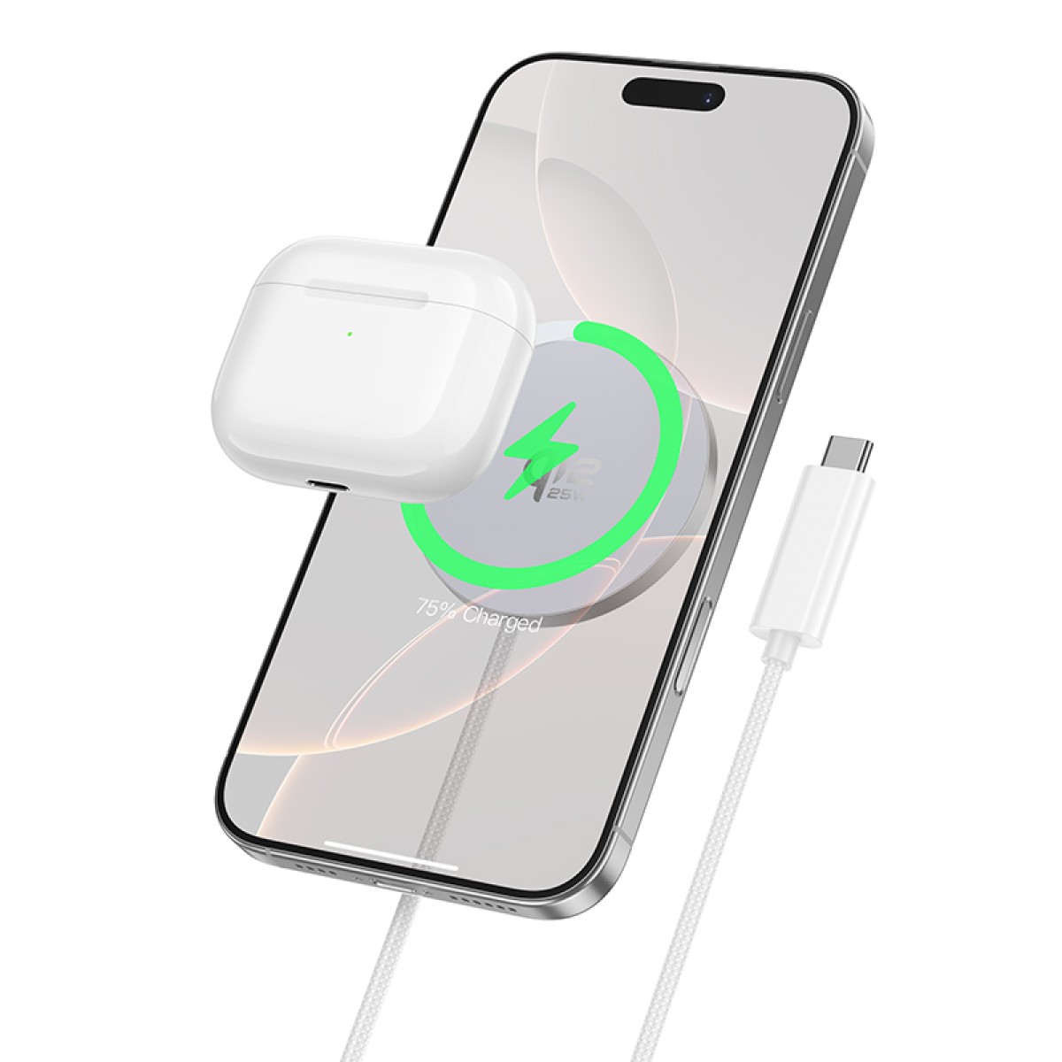 Ασύρματος Φορτιστής Hoco CW63 Pro 25W Qi2.2 Ultra-thin Aluminum Alloy για Κινητά και Ακουστικά με Braided Καλώδιο 1.2m Λευκός